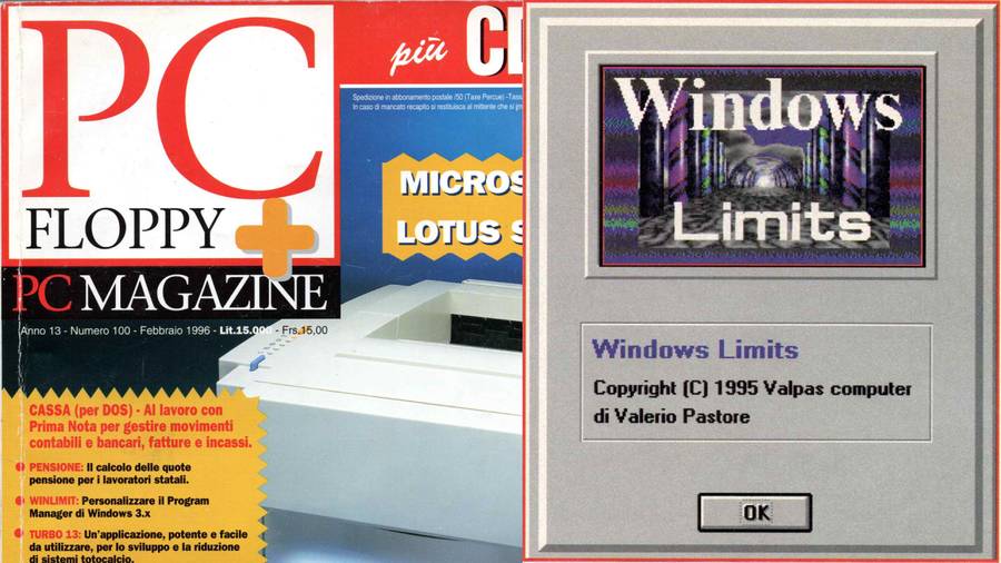 La copertina di PC Floppy + PC Magazine del febbraio 1996 e la schermata di Windows Limits